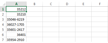 One Column Zip Code File Example