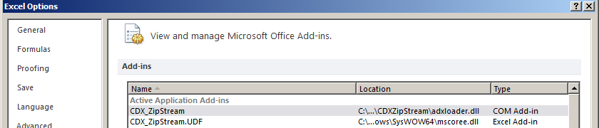 CDXZipStream Addin Names in Excel File-Options-Addins